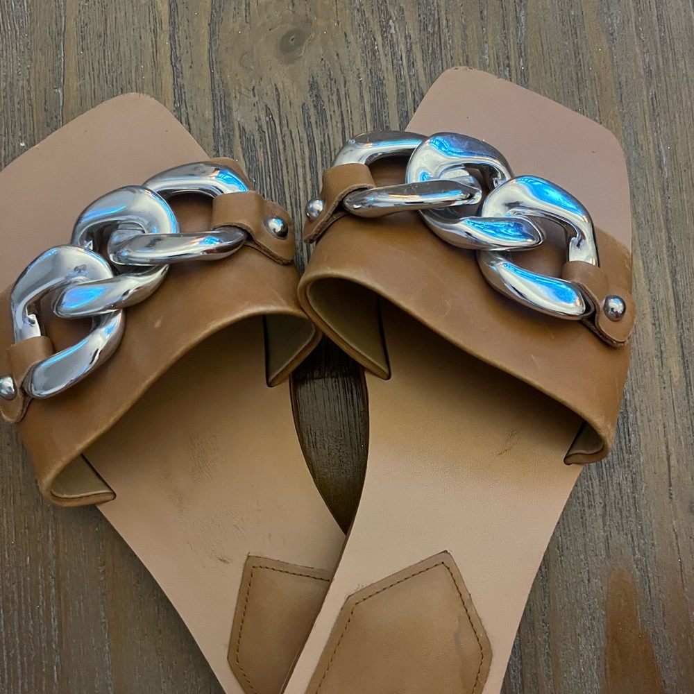 Marc Fisher Rosely Leather Sandals with Silver Chain Detail